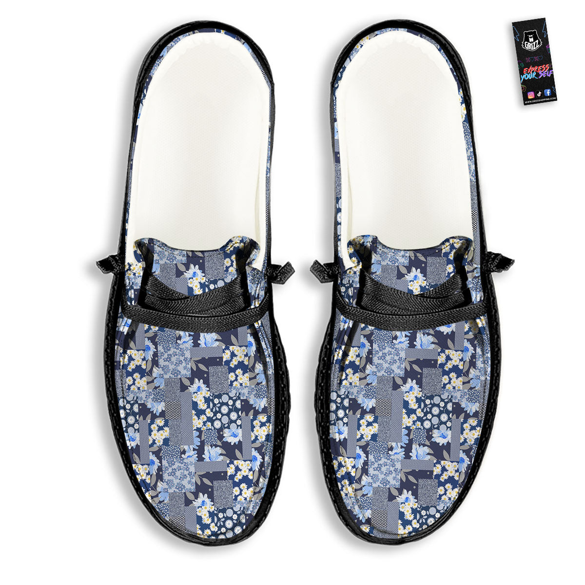 Patchwork Blue Floral Print Pattern Black Loafers-grizzshop