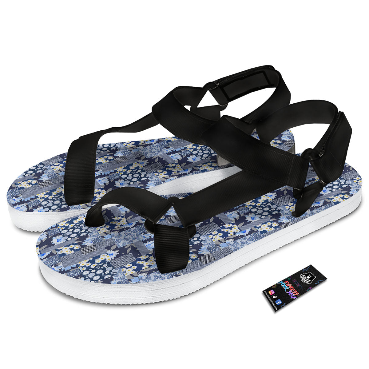 Patchwork Blue Floral Print Pattern Black Open Toe Sandals-grizzshop
