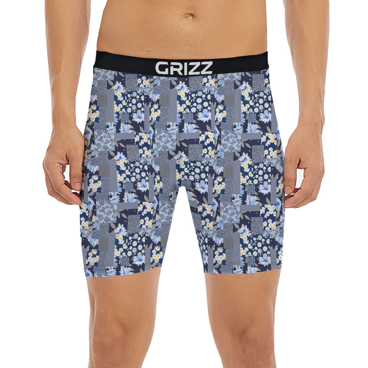 Patchwork Blue Floral Print Pattern Boxer Briefs-grizzshop