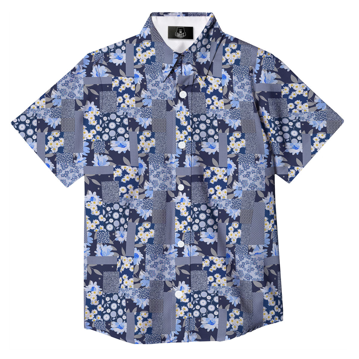 Patchwork Blue Floral Print Pattern Button Up Shirt-grizzshop