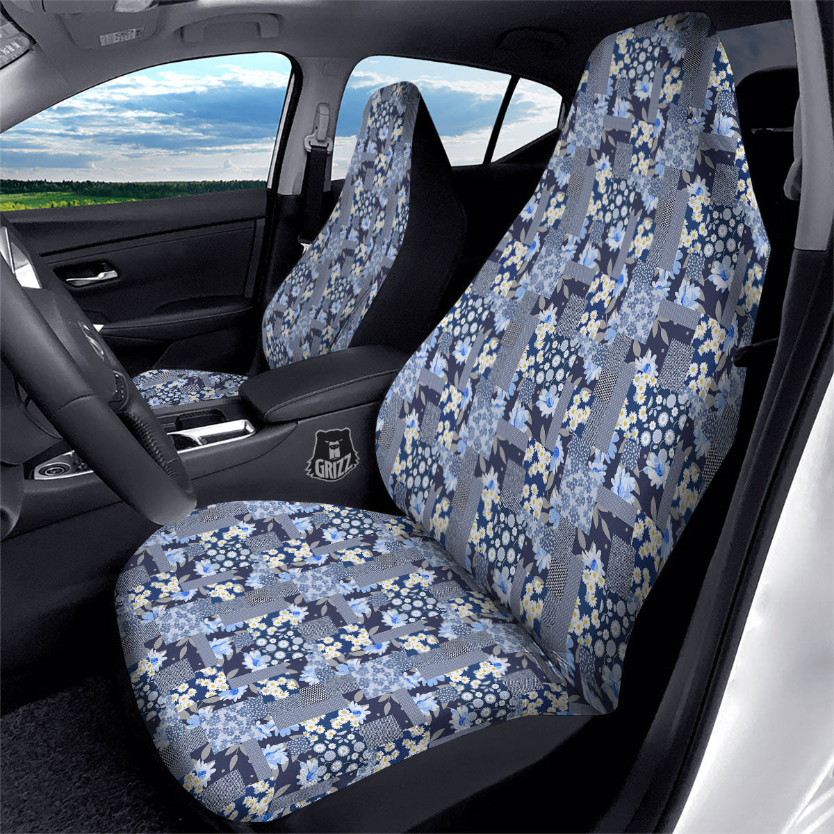 Patchwork Blue Floral Print Pattern Car Seat Covers-grizzshop