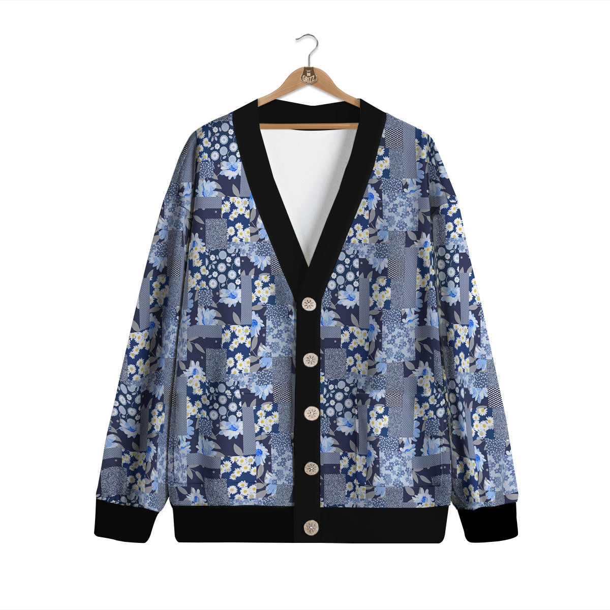 Patchwork Blue Floral Print Pattern Cardigan-grizzshop