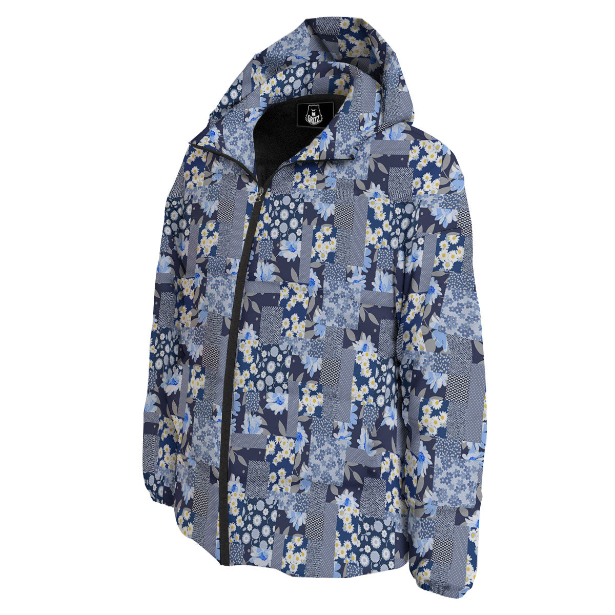 Patchwork Blue Floral Print Pattern Down Jacket-grizzshop