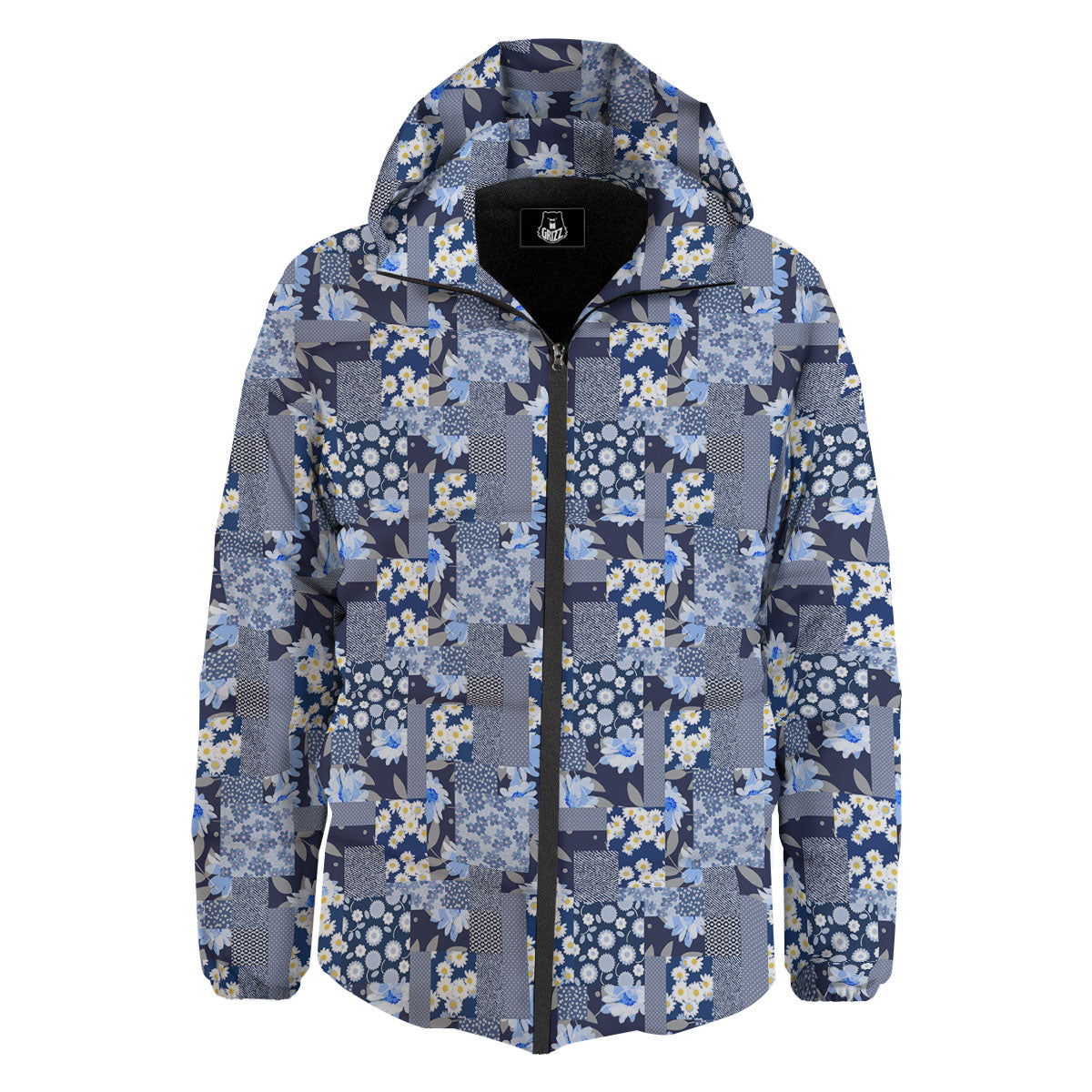 Patchwork Blue Floral Print Pattern Down Jacket-grizzshop