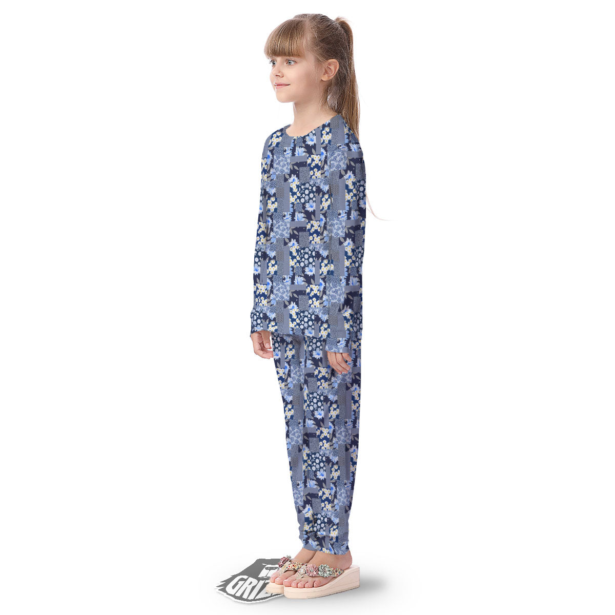 Patchwork Blue Floral Print Pattern Kid's Pajamas-grizzshop