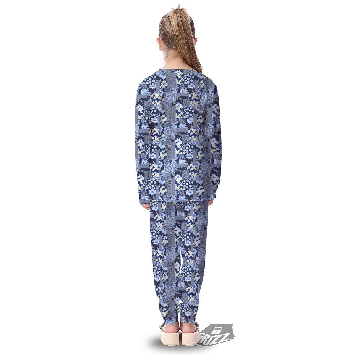 Patchwork Blue Floral Print Pattern Kid's Pajamas-grizzshop
