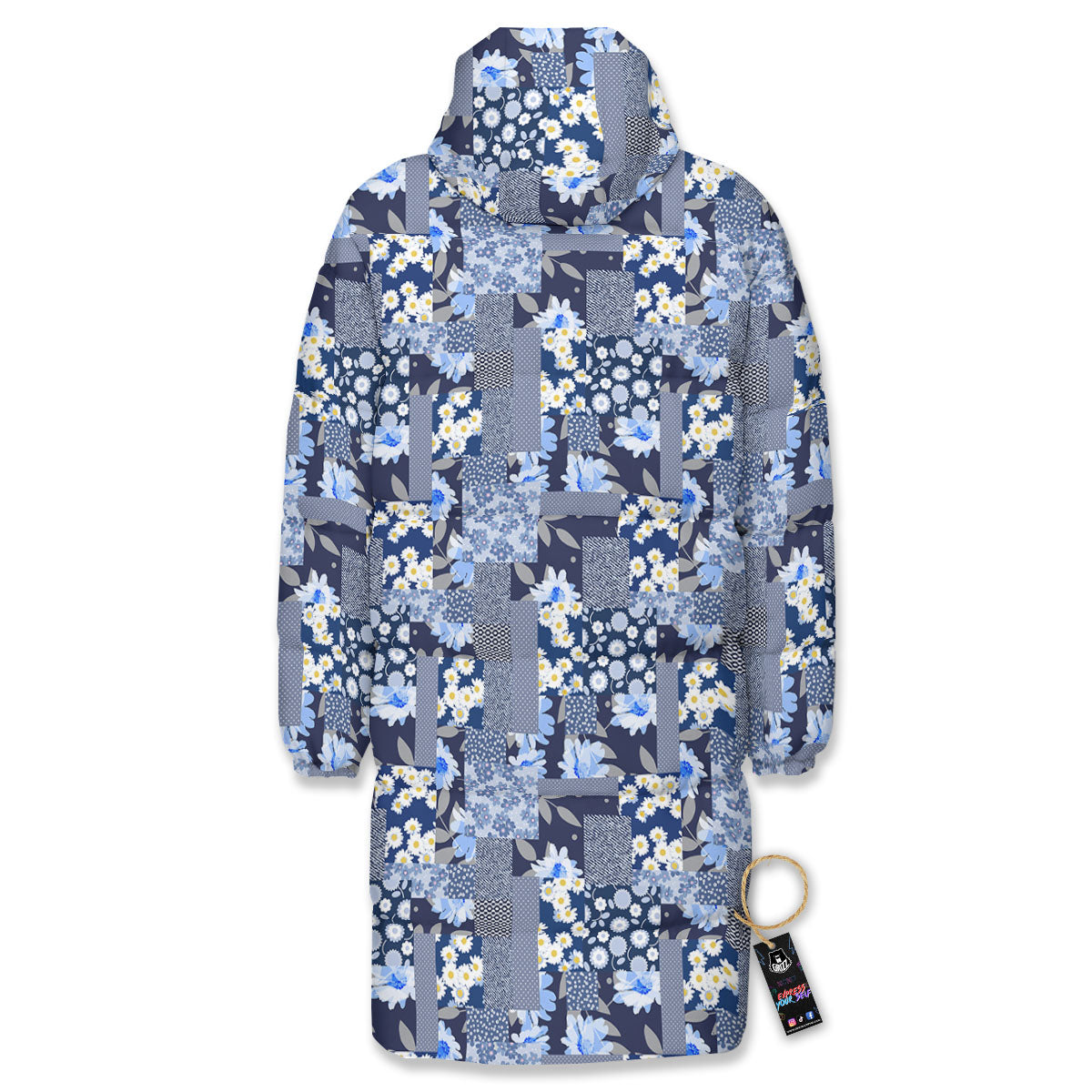 Patchwork Blue Floral Print Pattern Long Down Jacket-grizzshop