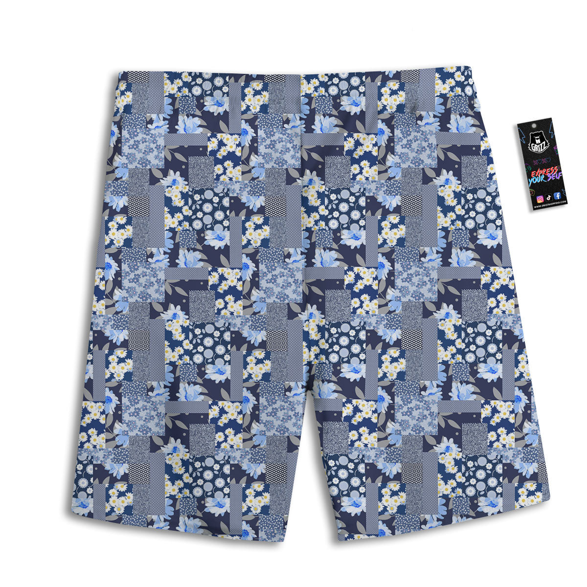 Patchwork Blue Floral Print Pattern Men's Athletic Shorts