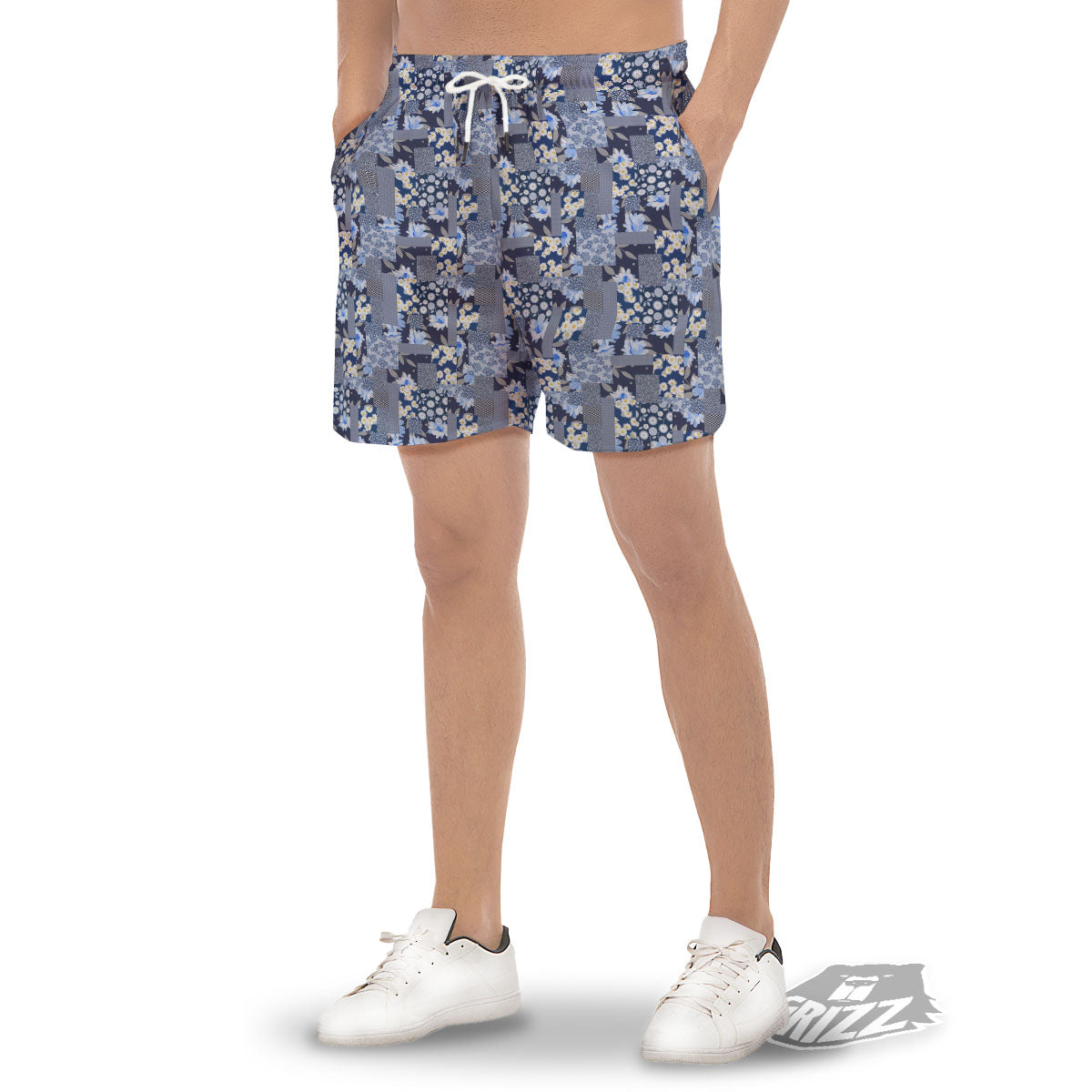 Patchwork Blue Floral Print Pattern Men's Gym Shorts-grizzshop