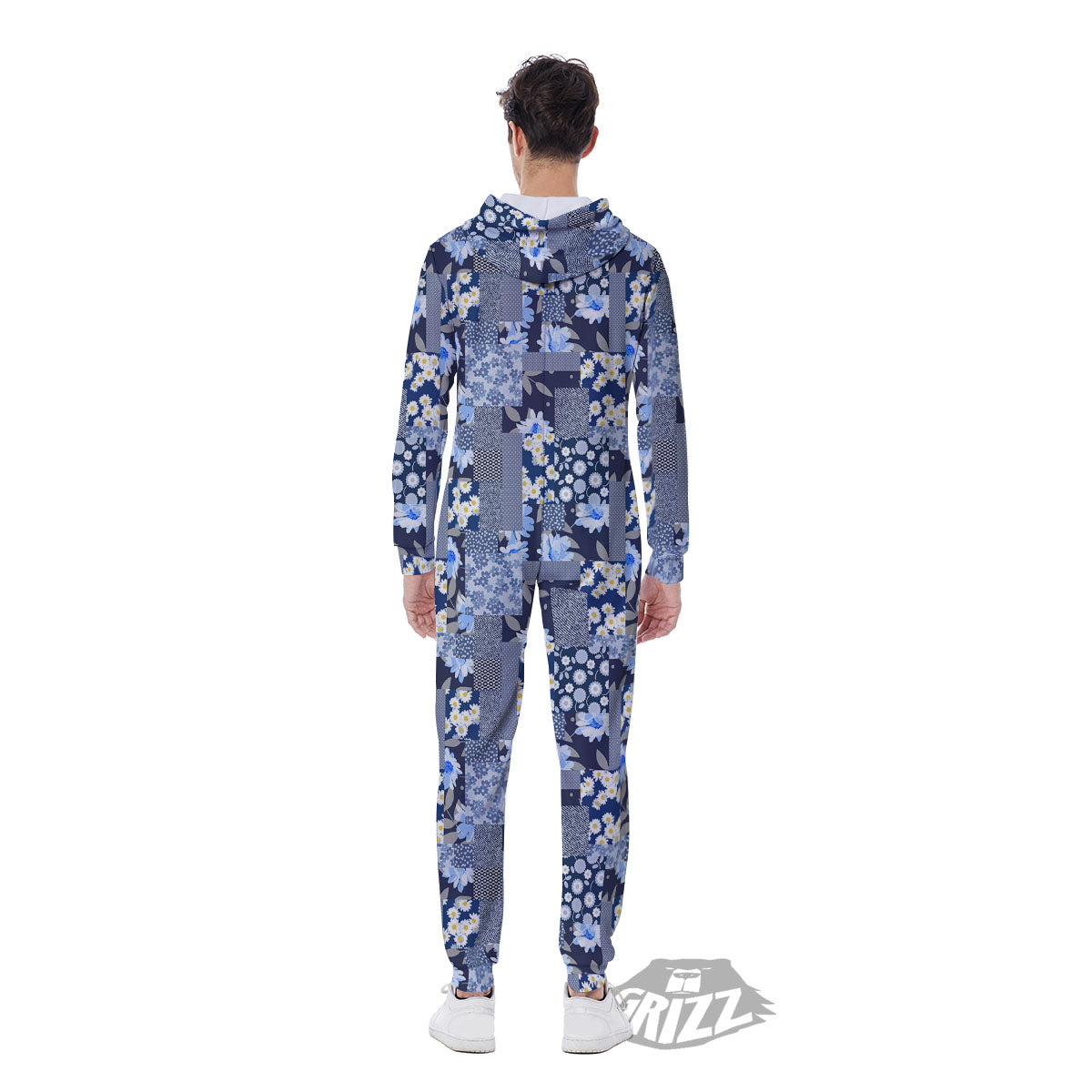 Patchwork Blue Floral Print Pattern Men's Jumpsuit-grizzshop