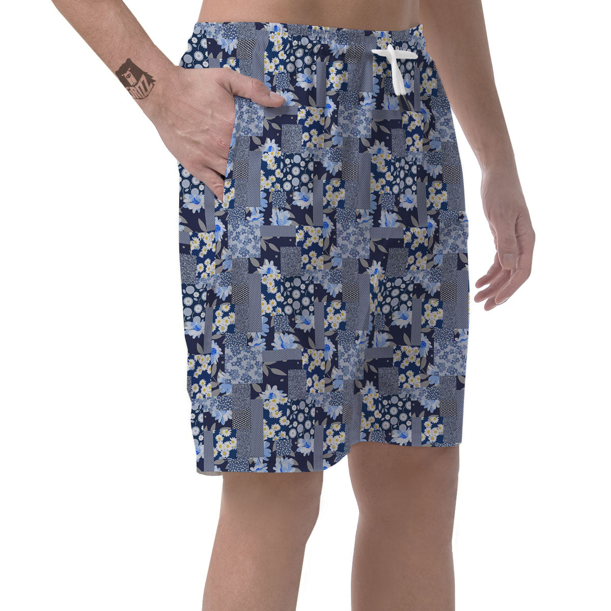 Patchwork Blue Floral Print Pattern Men's Shorts-grizzshop
