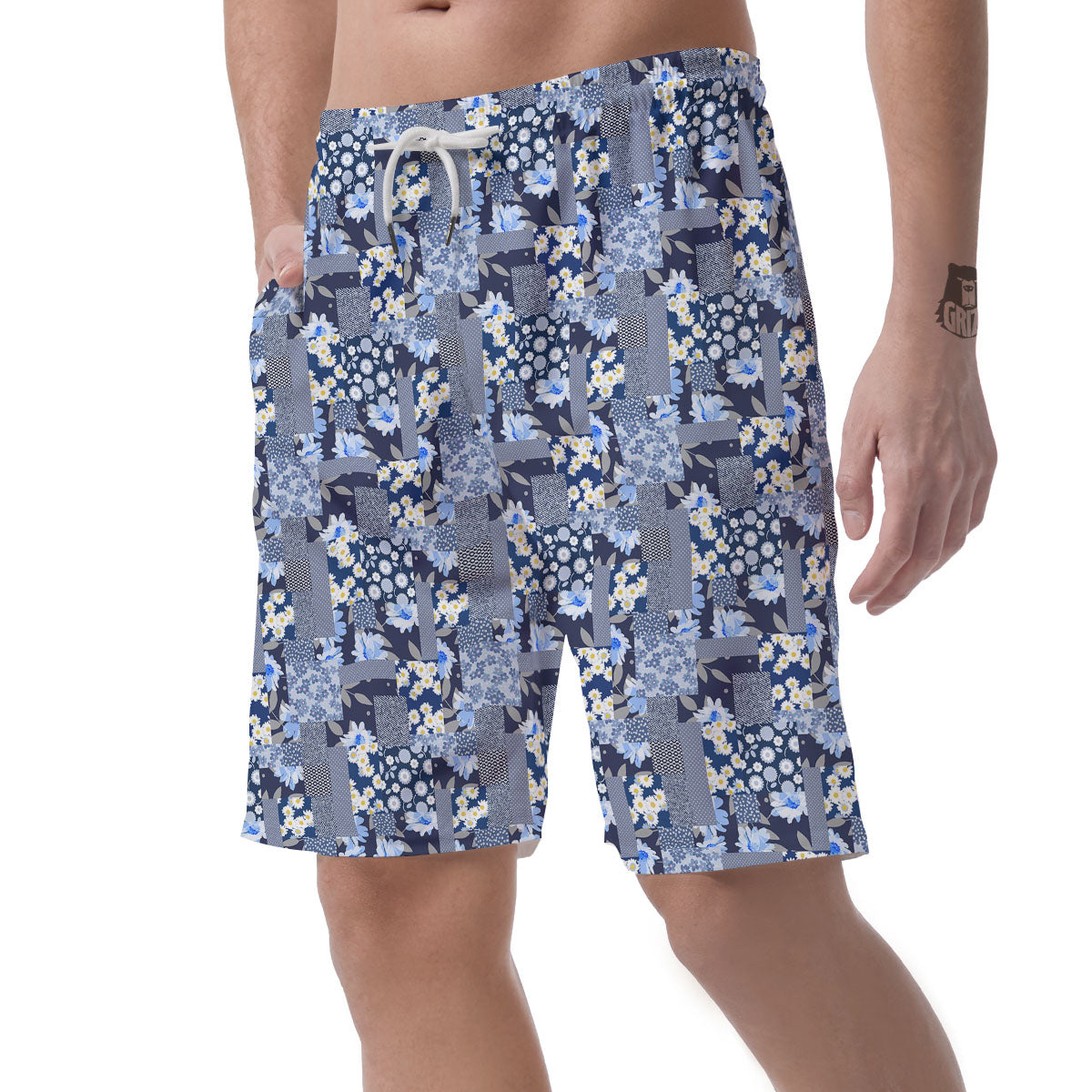 Patchwork Blue Floral Print Pattern Men's Shorts-grizzshop