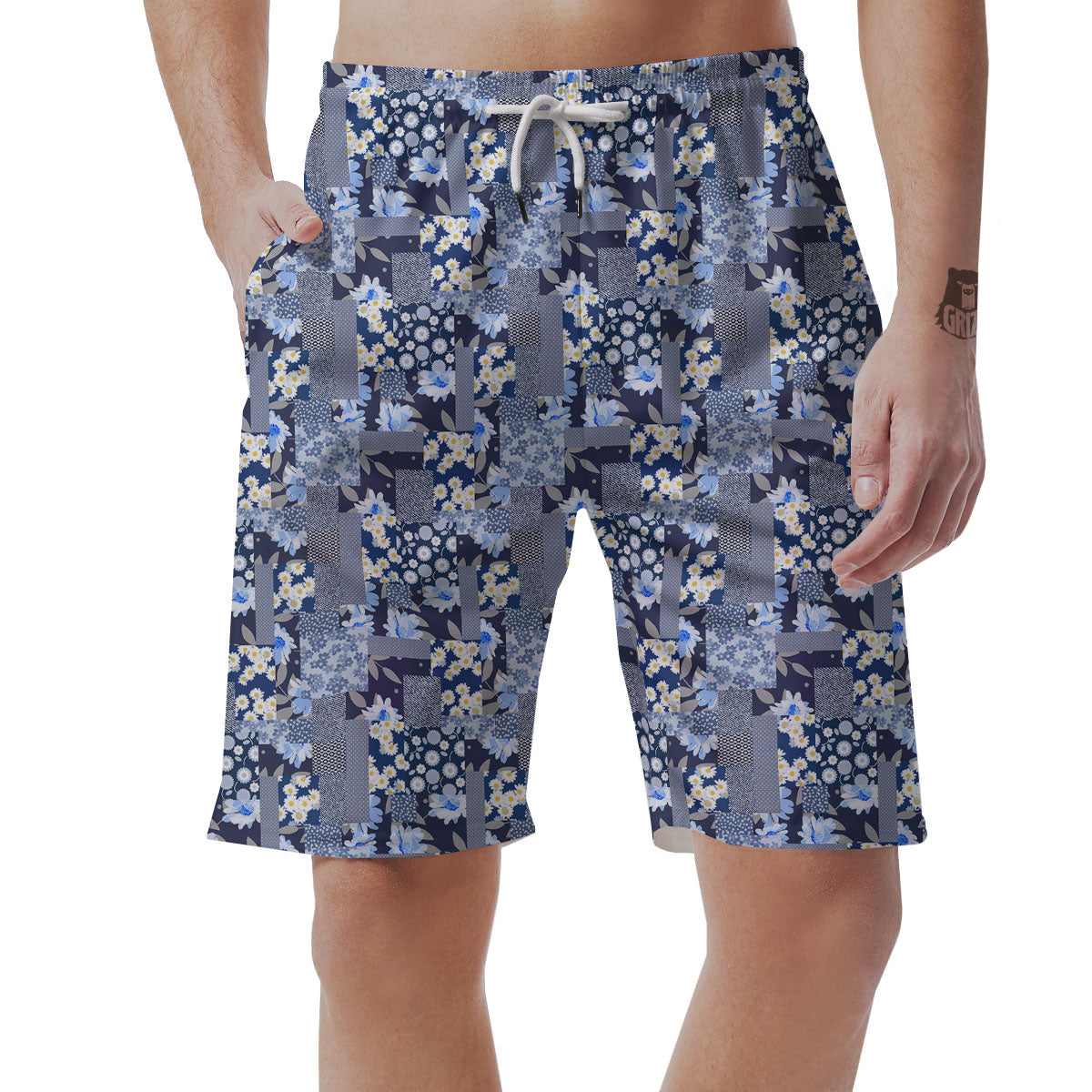 Patchwork Blue Floral Print Pattern Men's Shorts-grizzshop