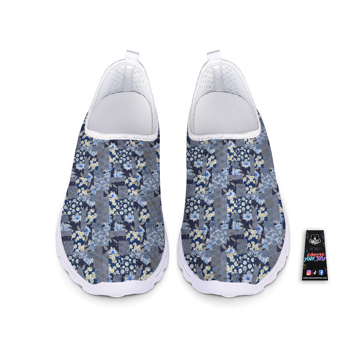 Patchwork Blue Floral Print Pattern Nurse Shoes-grizzshop