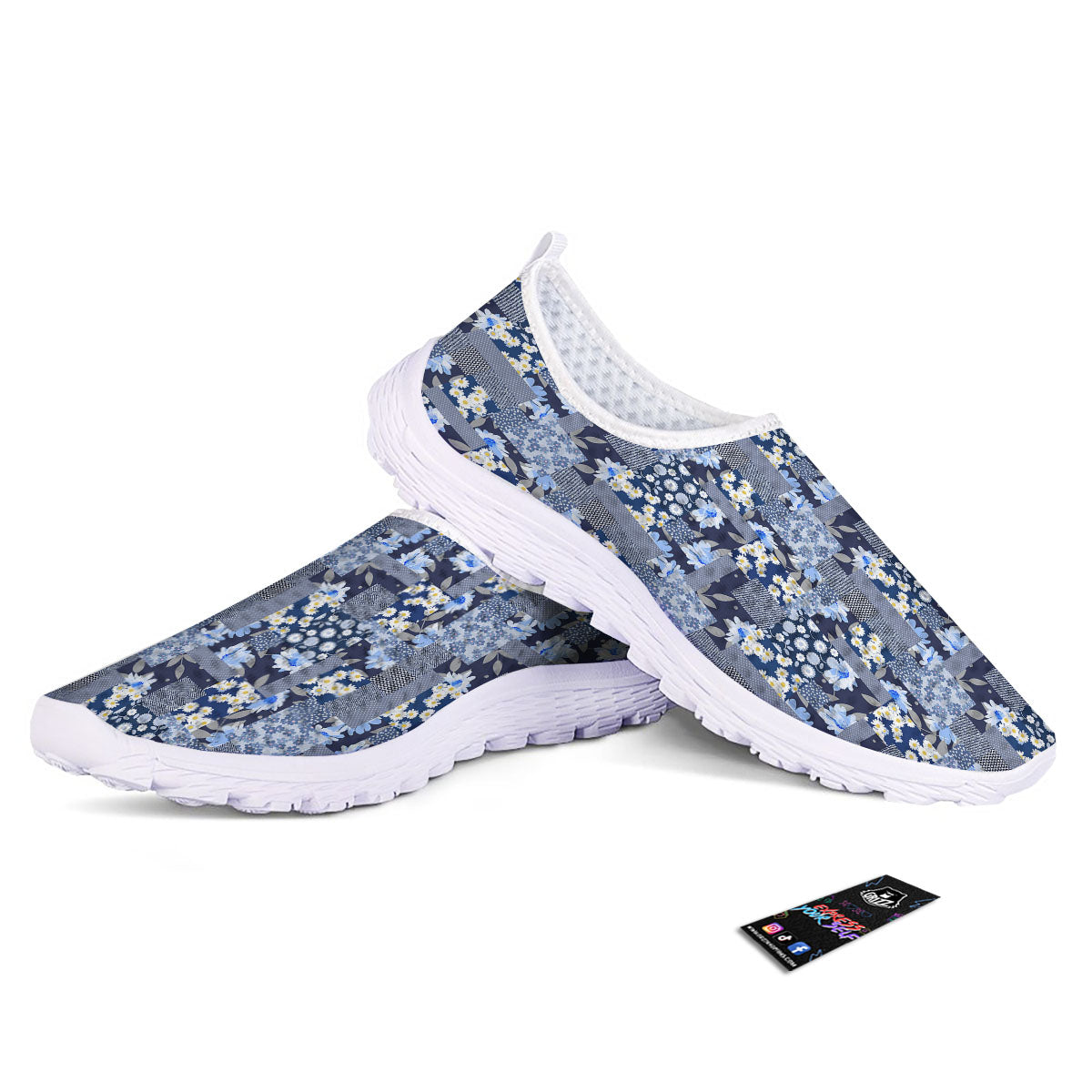 Patchwork Blue Floral Print Pattern Nurse Shoes-grizzshop