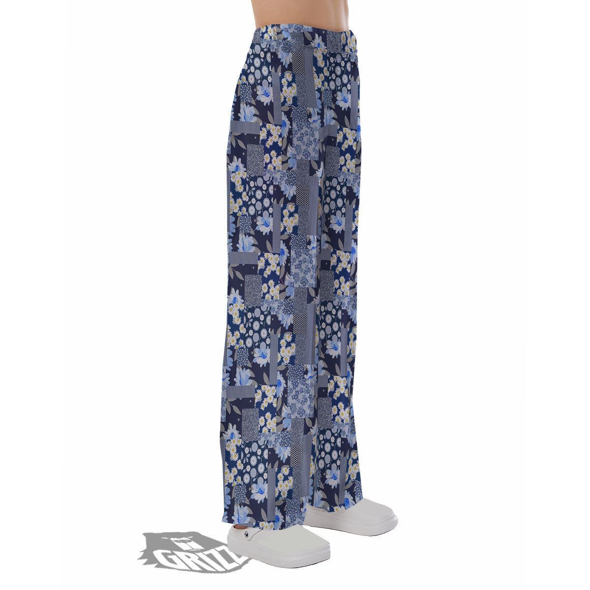 Patchwork Blue Floral Print Pattern Pajama Pants-grizzshop