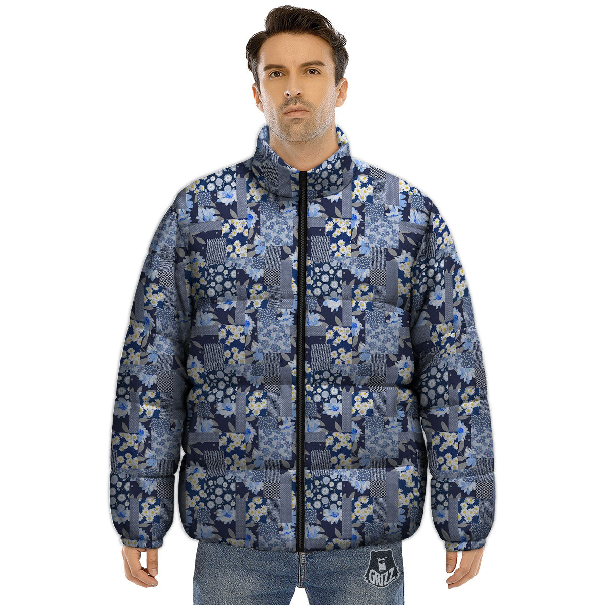 Patchwork Blue Floral Print Pattern Puffer Jacket-grizzshop