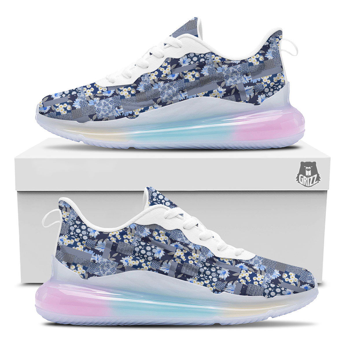 Patchwork Blue Floral Print Pattern Running Sneakers-grizzshop