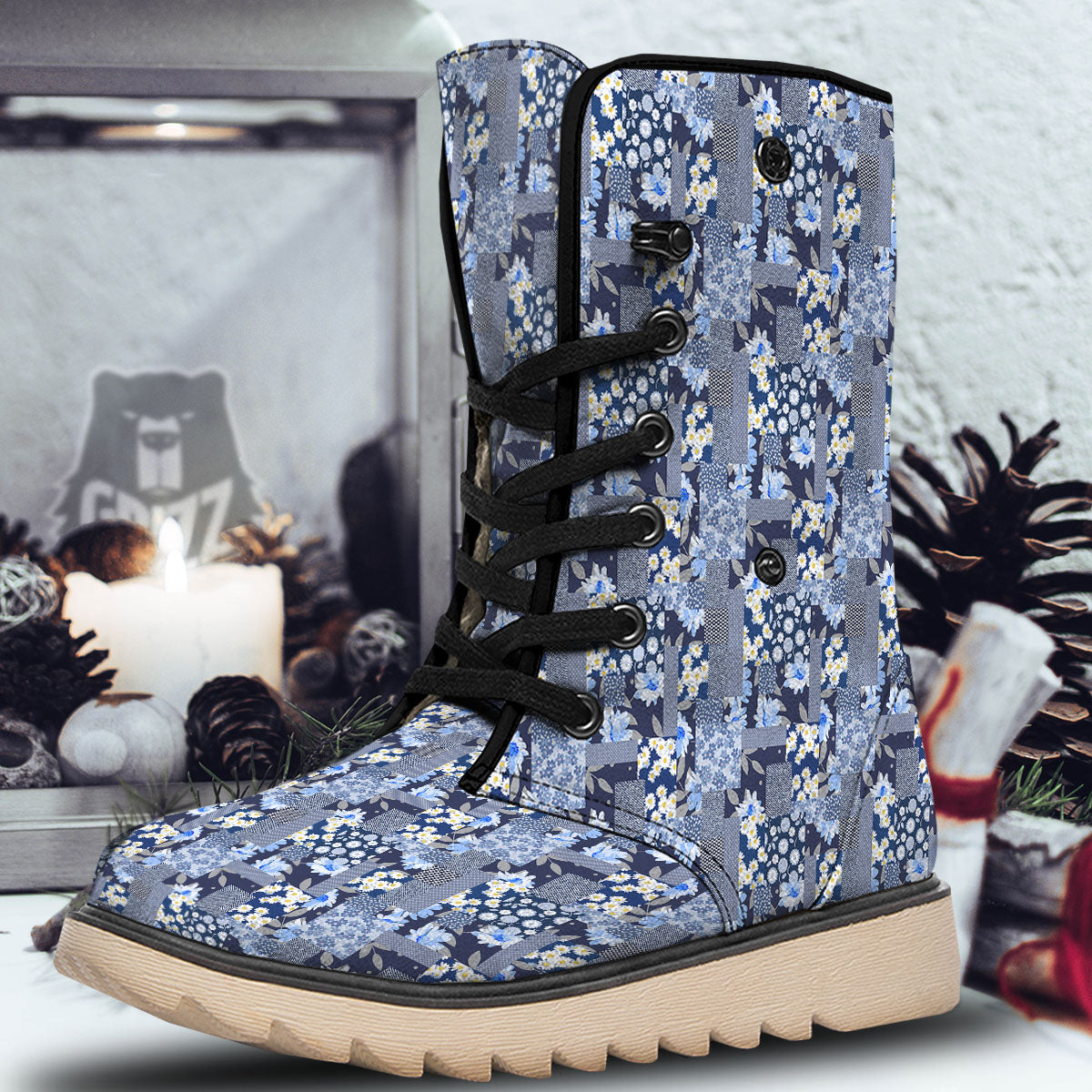 Patchwork Blue Floral Print Pattern Snow Boots-grizzshop