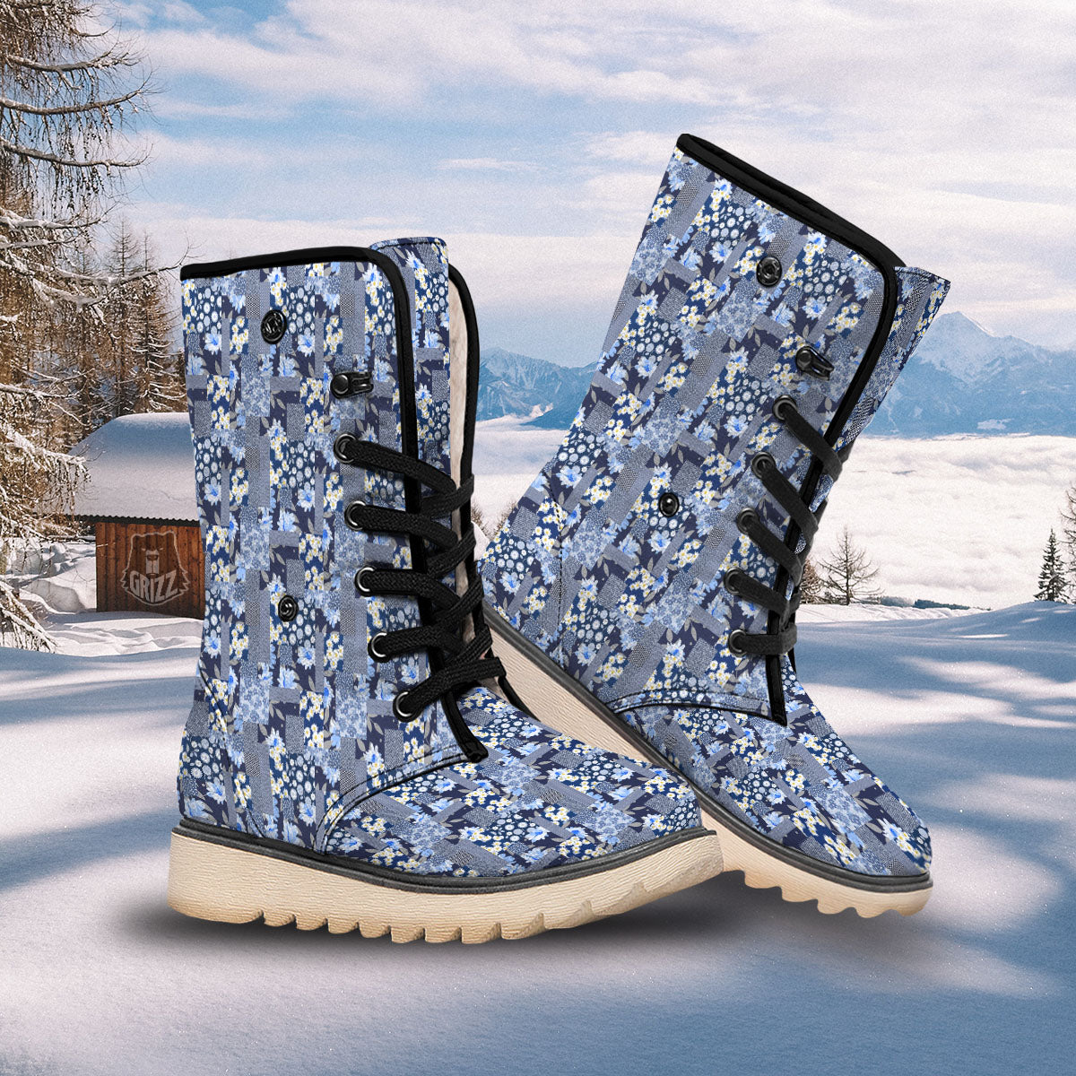 Patchwork Blue Floral Print Pattern Snow Boots-grizzshop
