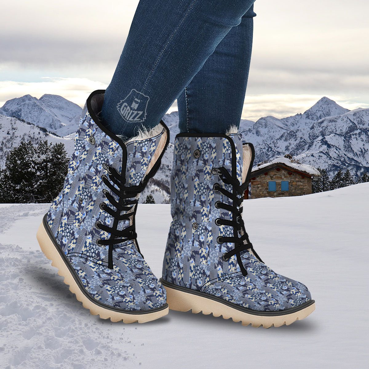 Patchwork Blue Floral Print Pattern Snow Boots-grizzshop
