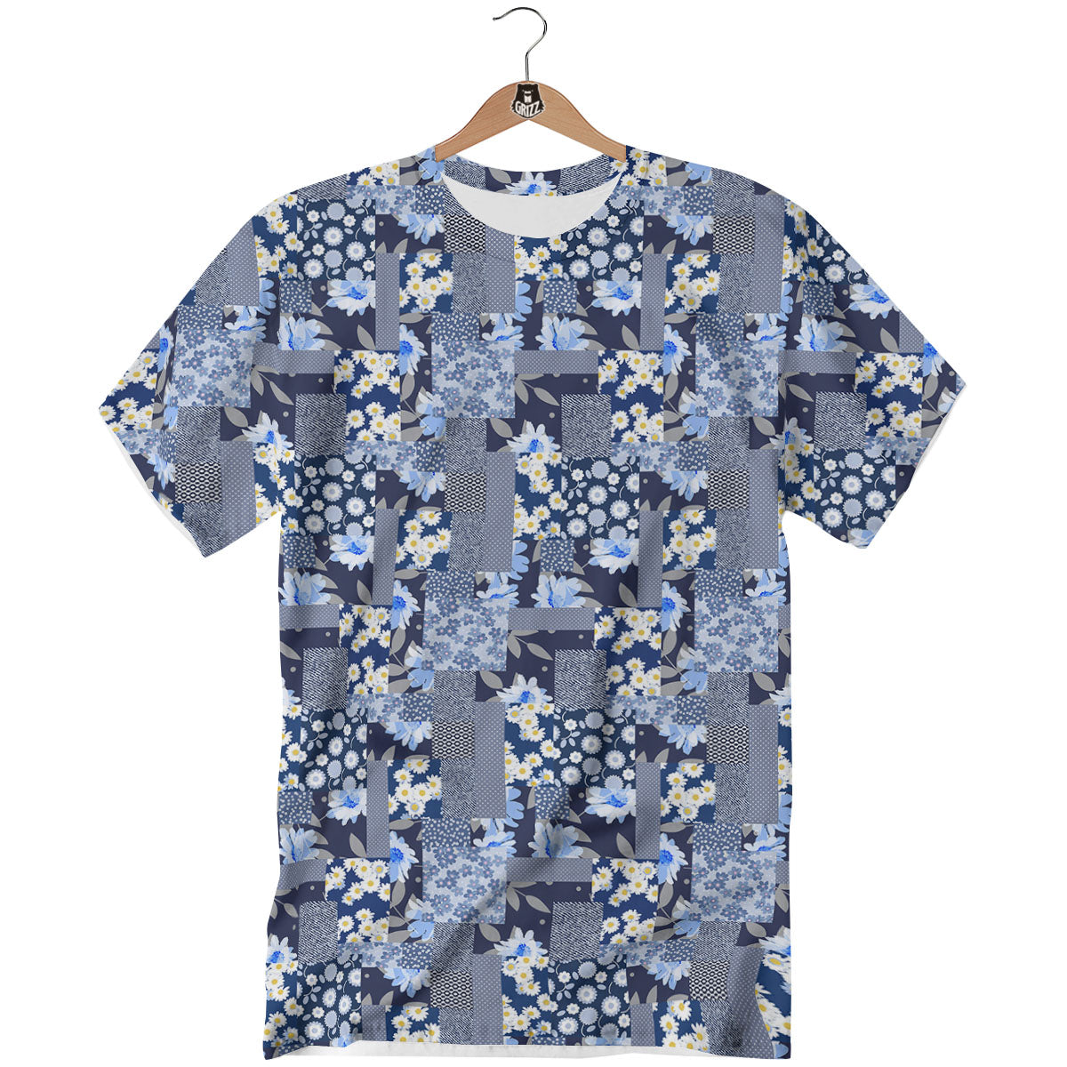 Patchwork Blue Floral Print Pattern T-Shirt-grizzshop