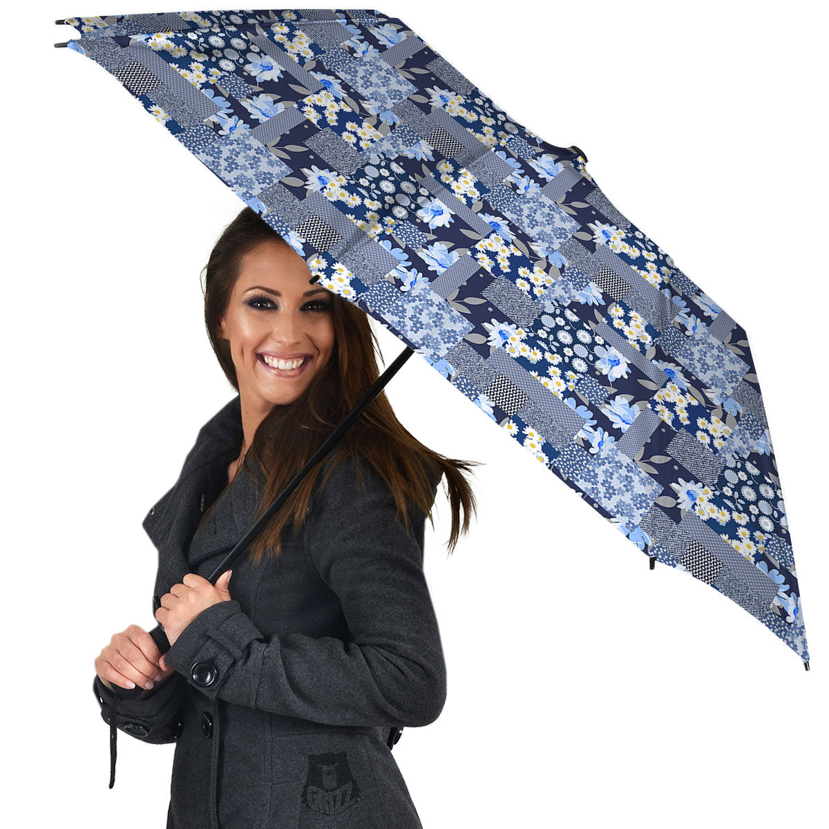 Patchwork Blue Floral Print Pattern Umbrella-grizzshop