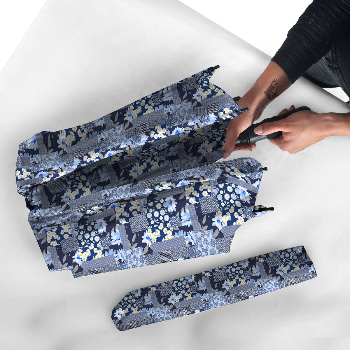 Patchwork Blue Floral Print Pattern Umbrella-grizzshop