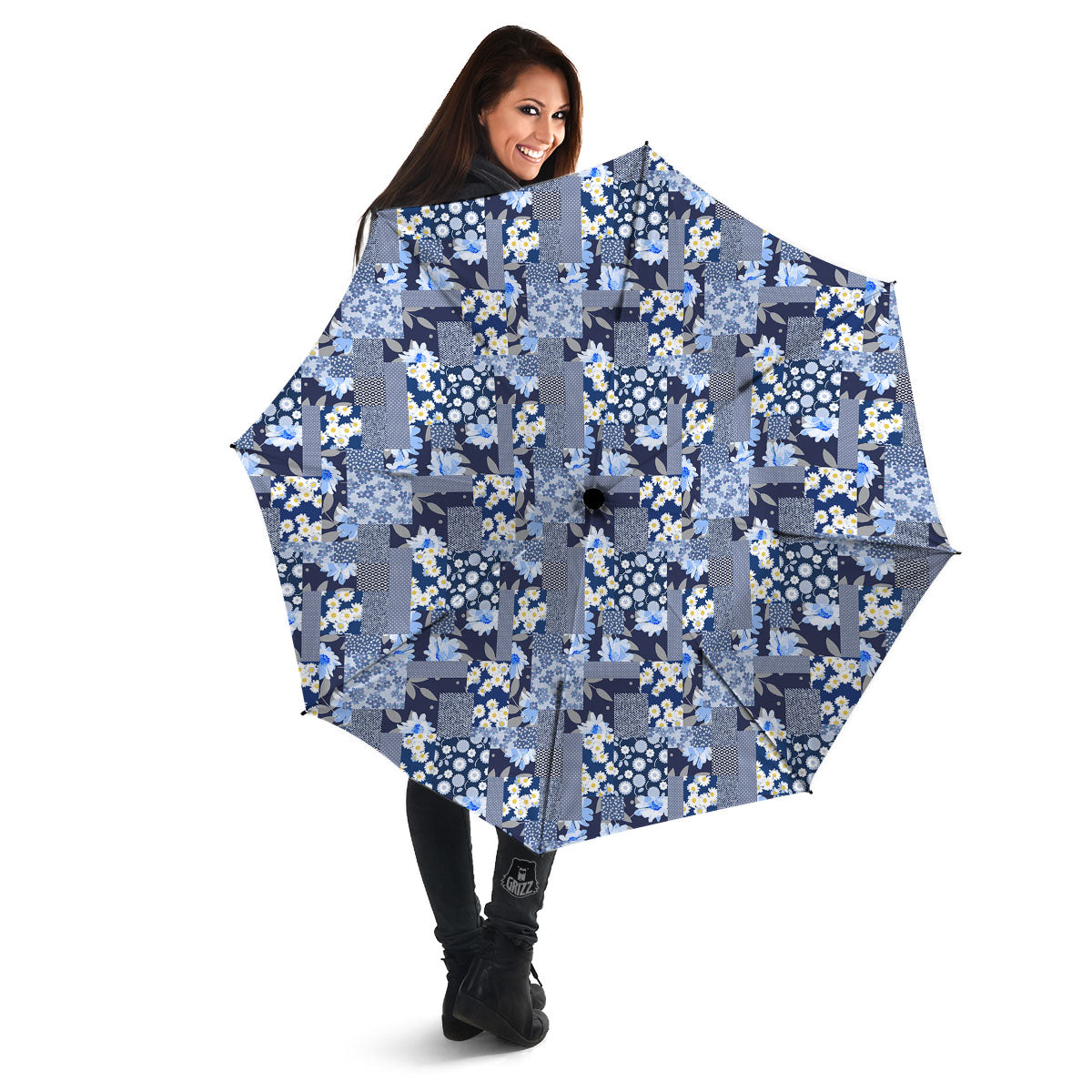 Patchwork Blue Floral Print Pattern Umbrella-grizzshop