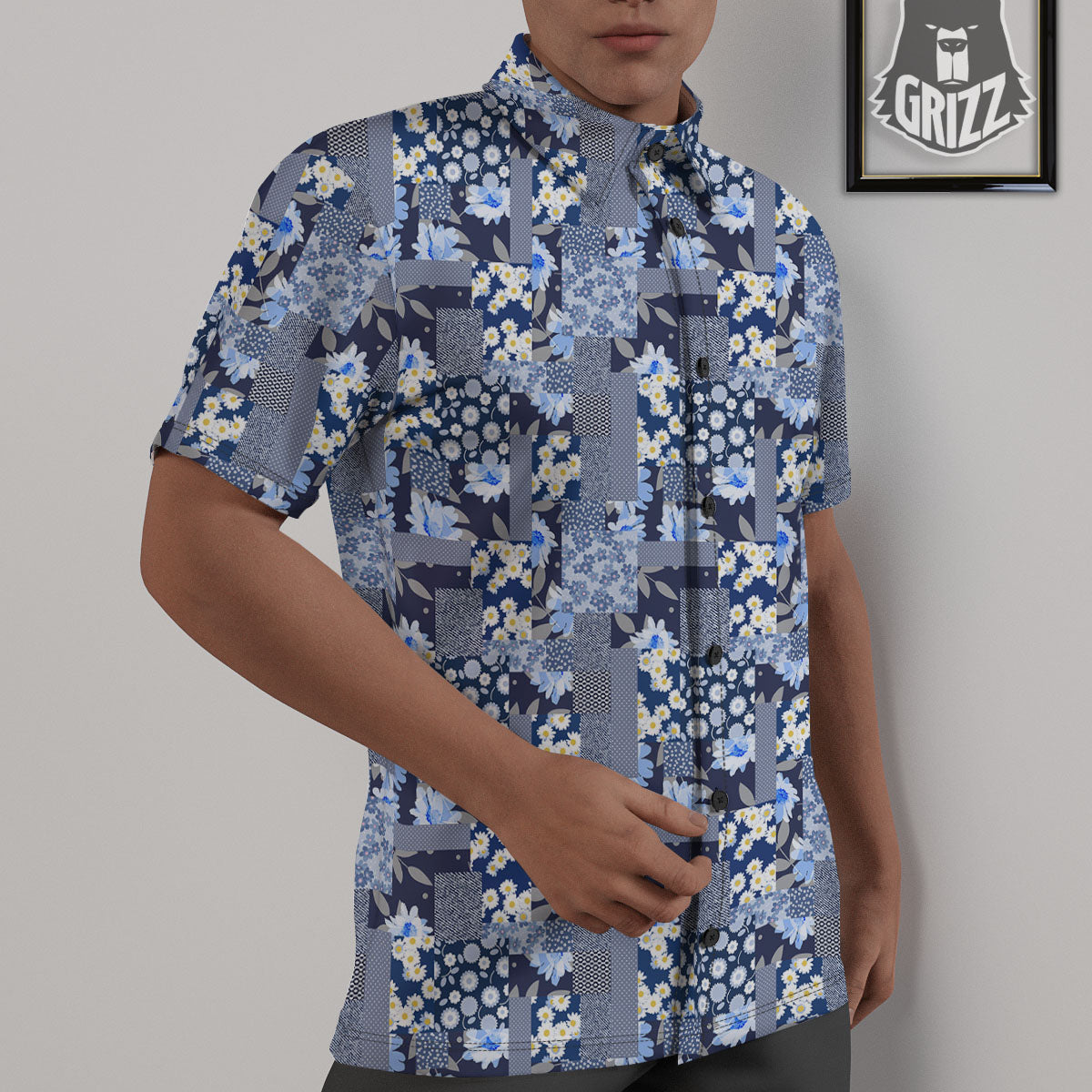 Patchwork Blue Floral Print Pattern Untucked Shirts-grizzshop