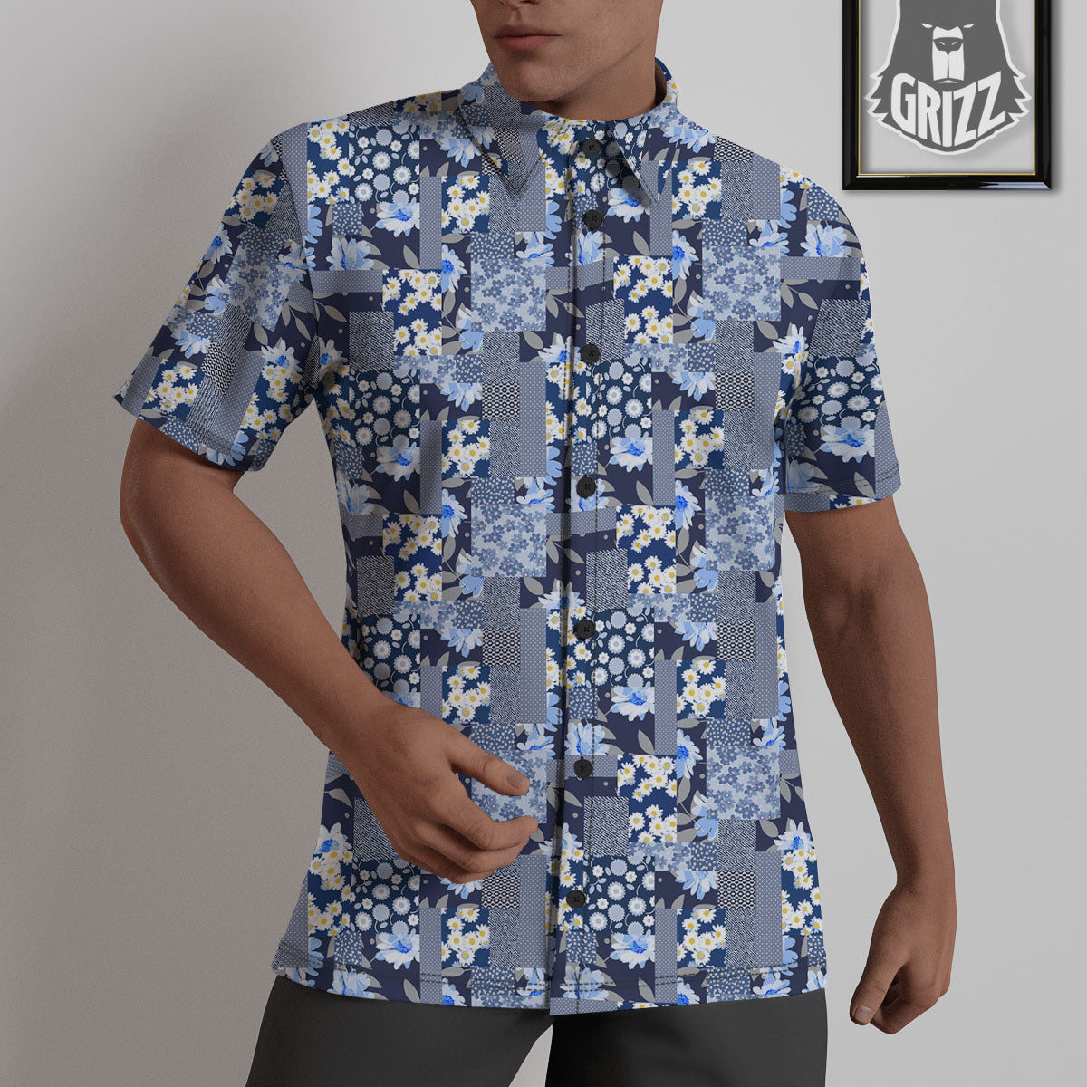 Patchwork Blue Floral Print Pattern Untucked Shirts-grizzshop