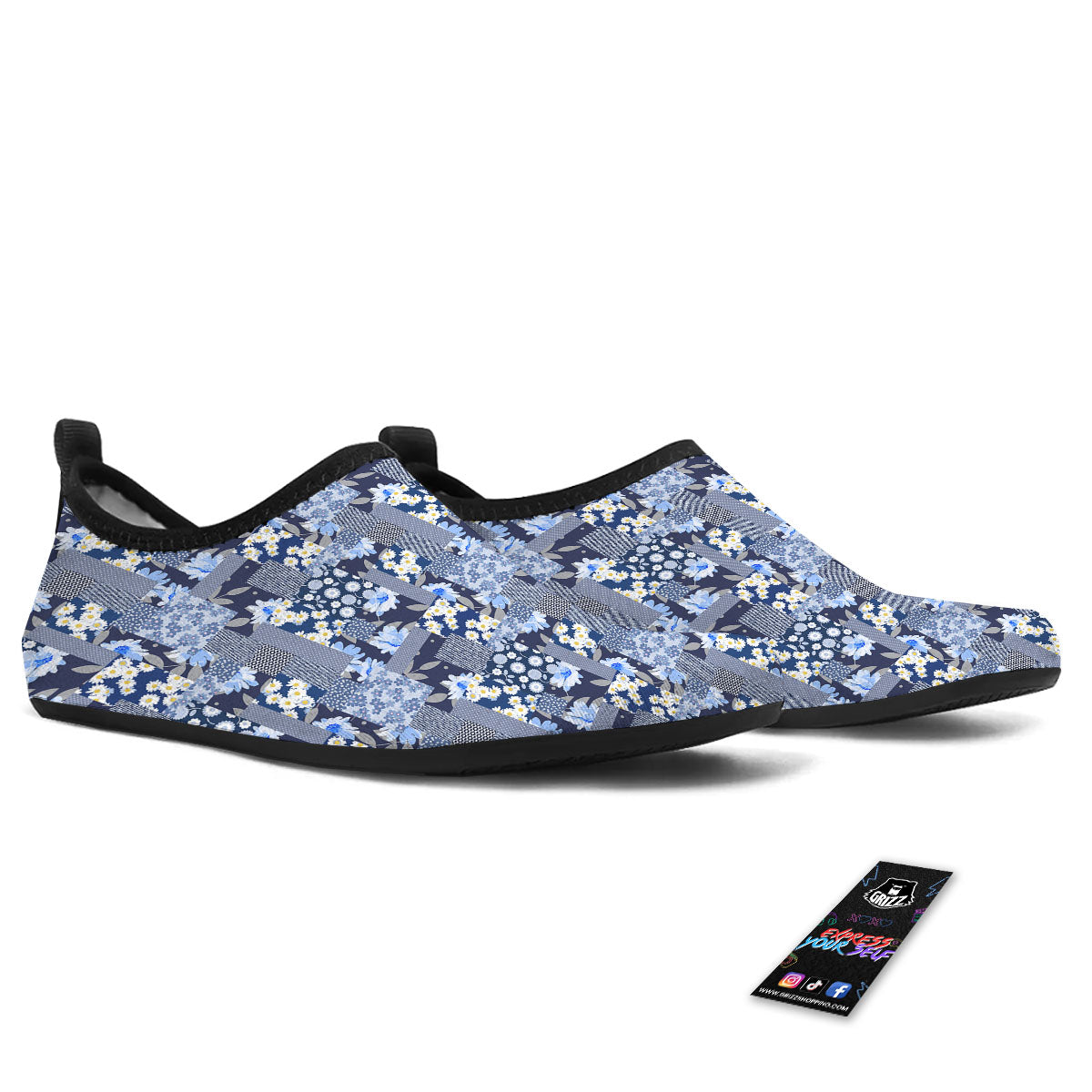Patchwork Blue Floral Print Pattern Water Shoes-grizzshop