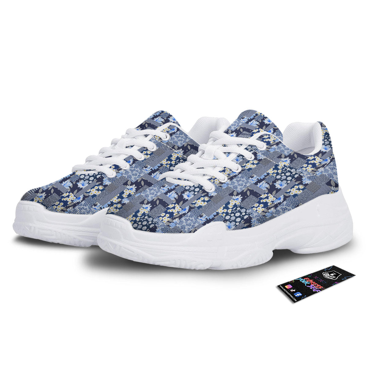 Patchwork Blue Floral Print Pattern White Chunky Shoes-grizzshop