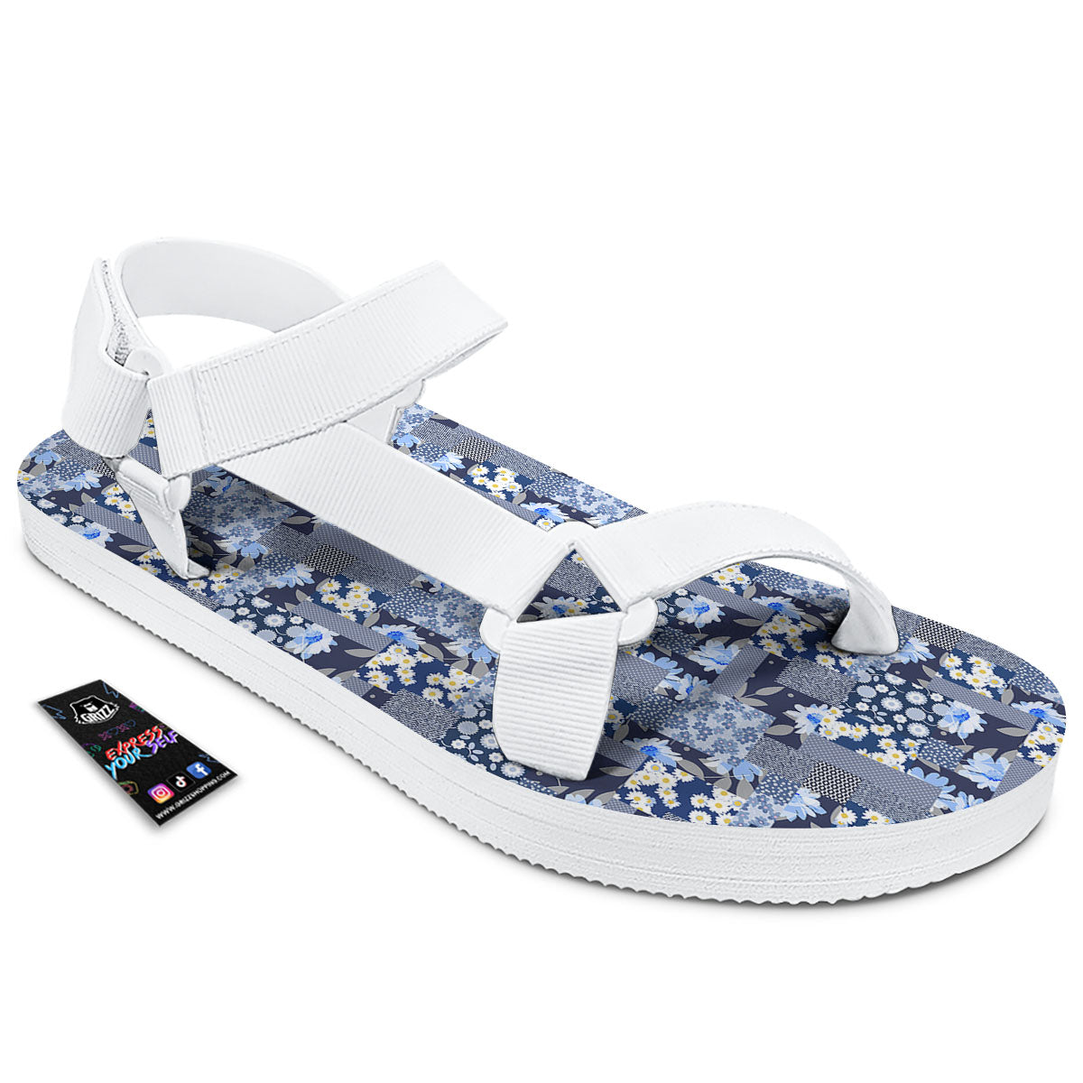Patchwork Blue Floral Print Pattern White Open Toe Sandals-grizzshop