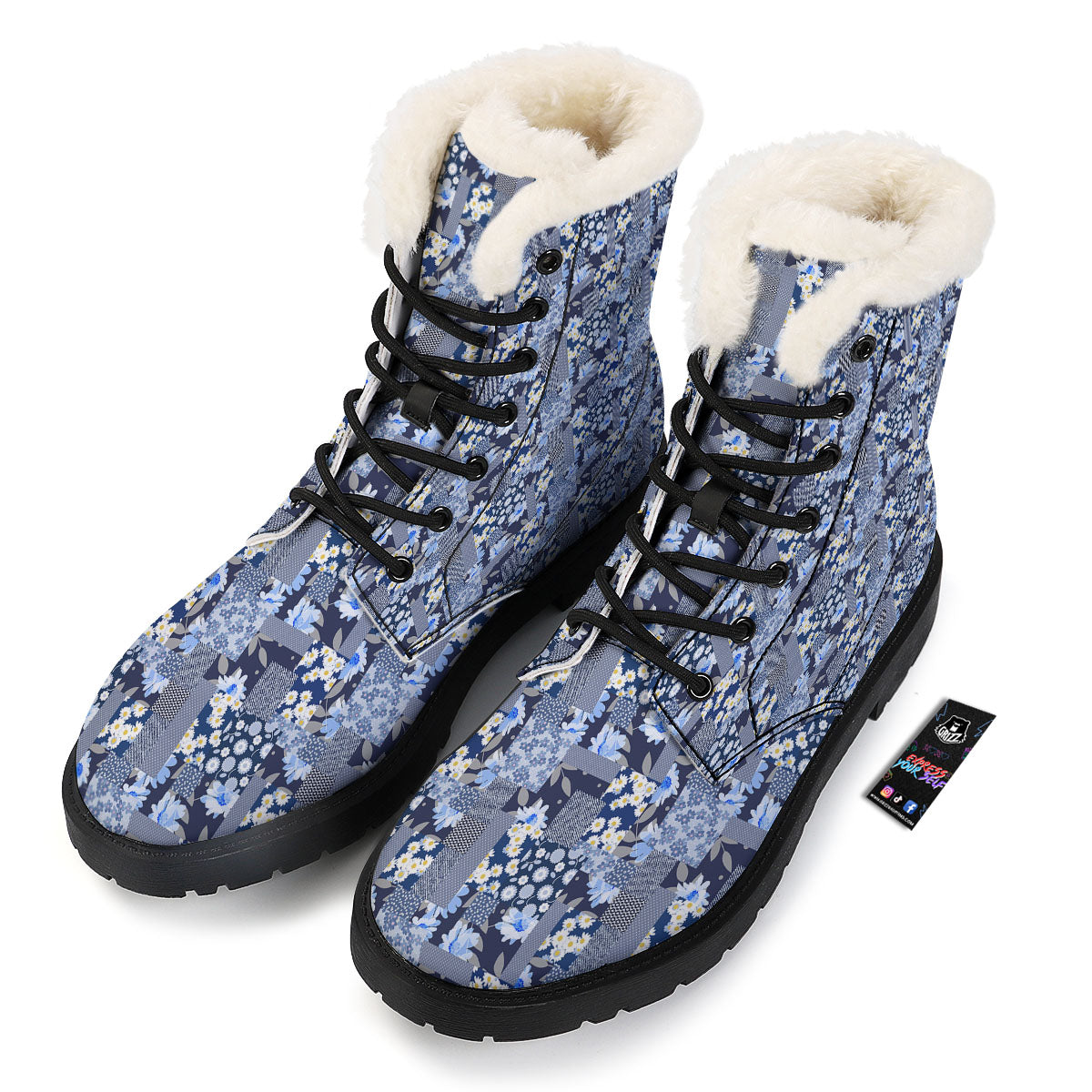 Patchwork Blue Floral Print Pattern Winter Boots-grizzshop