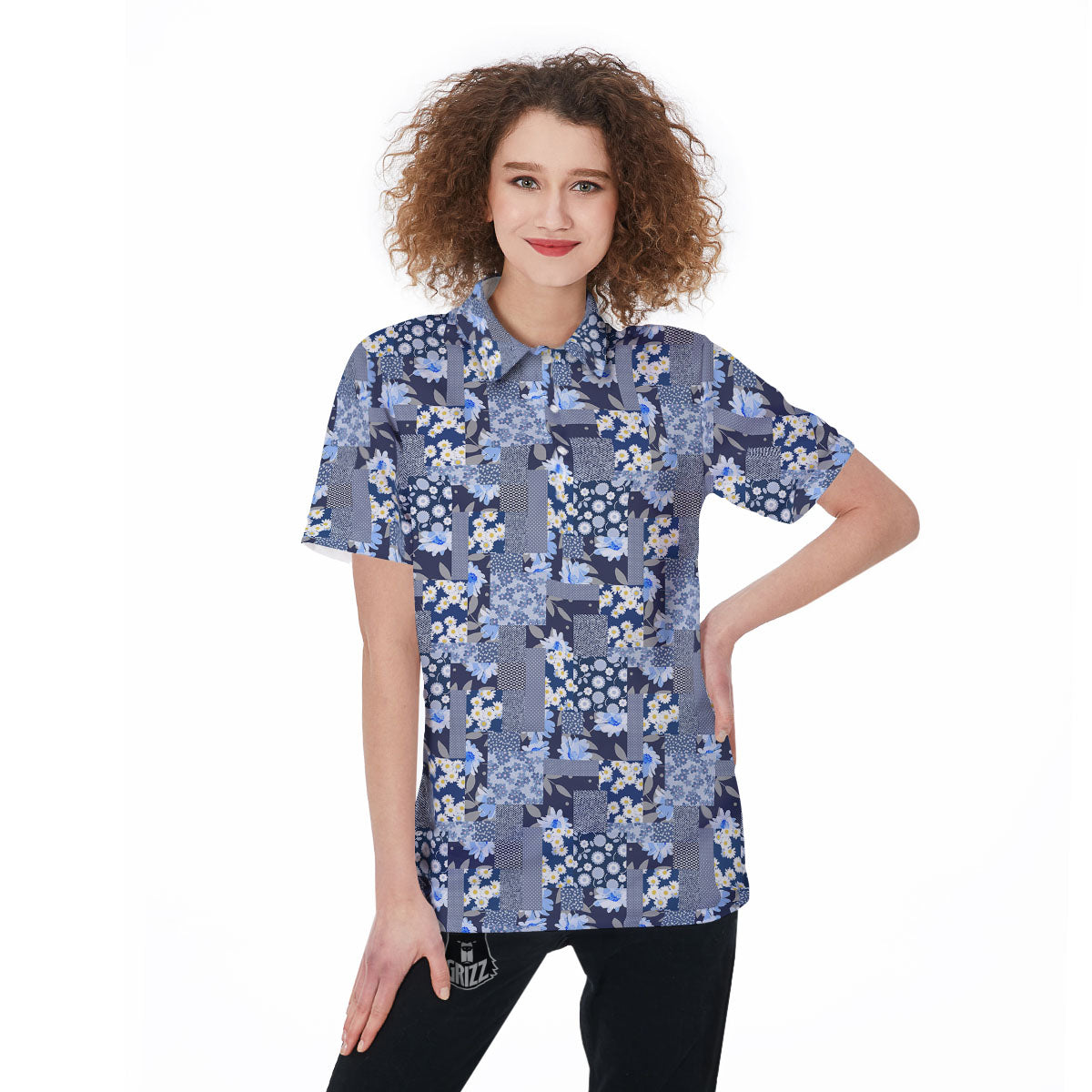 Patchwork Blue Floral Print Pattern Women's Golf Shirts-grizzshop