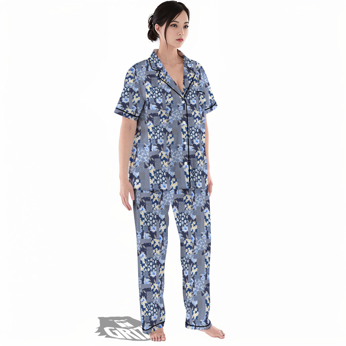 Patchwork Blue Floral Print Pattern Women's Pajamas Set-grizzshop