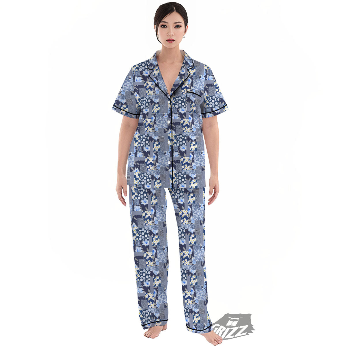 Patchwork Blue Floral Print Pattern Women's Pajamas Set-grizzshop