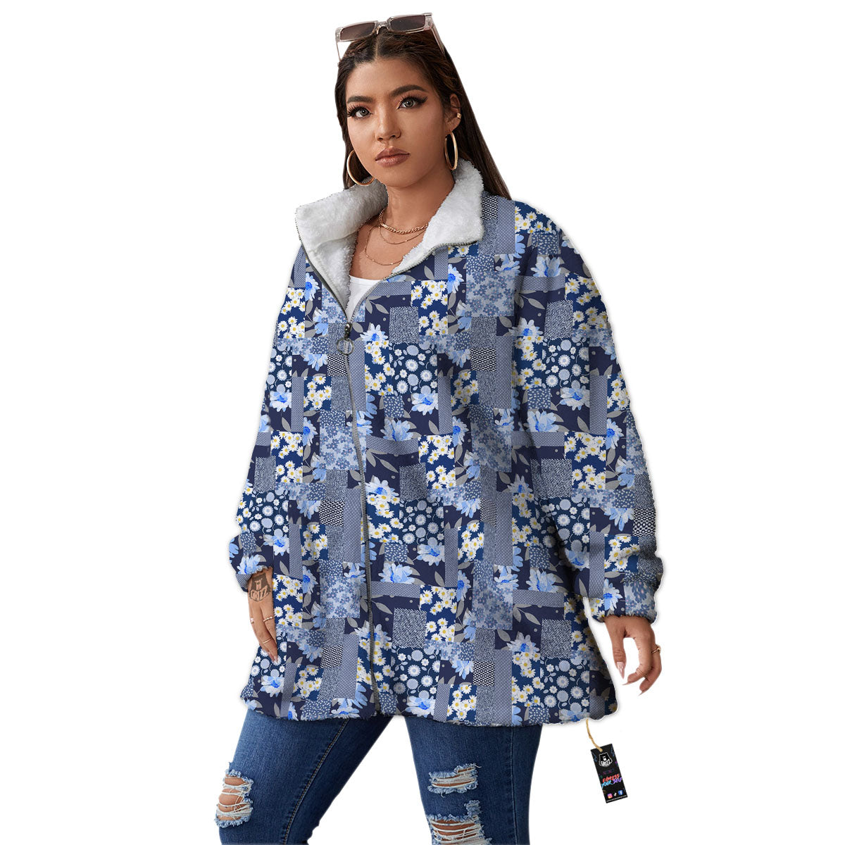 Patchwork Blue Floral Print Pattern Women's Sherpa Jacket-grizzshop