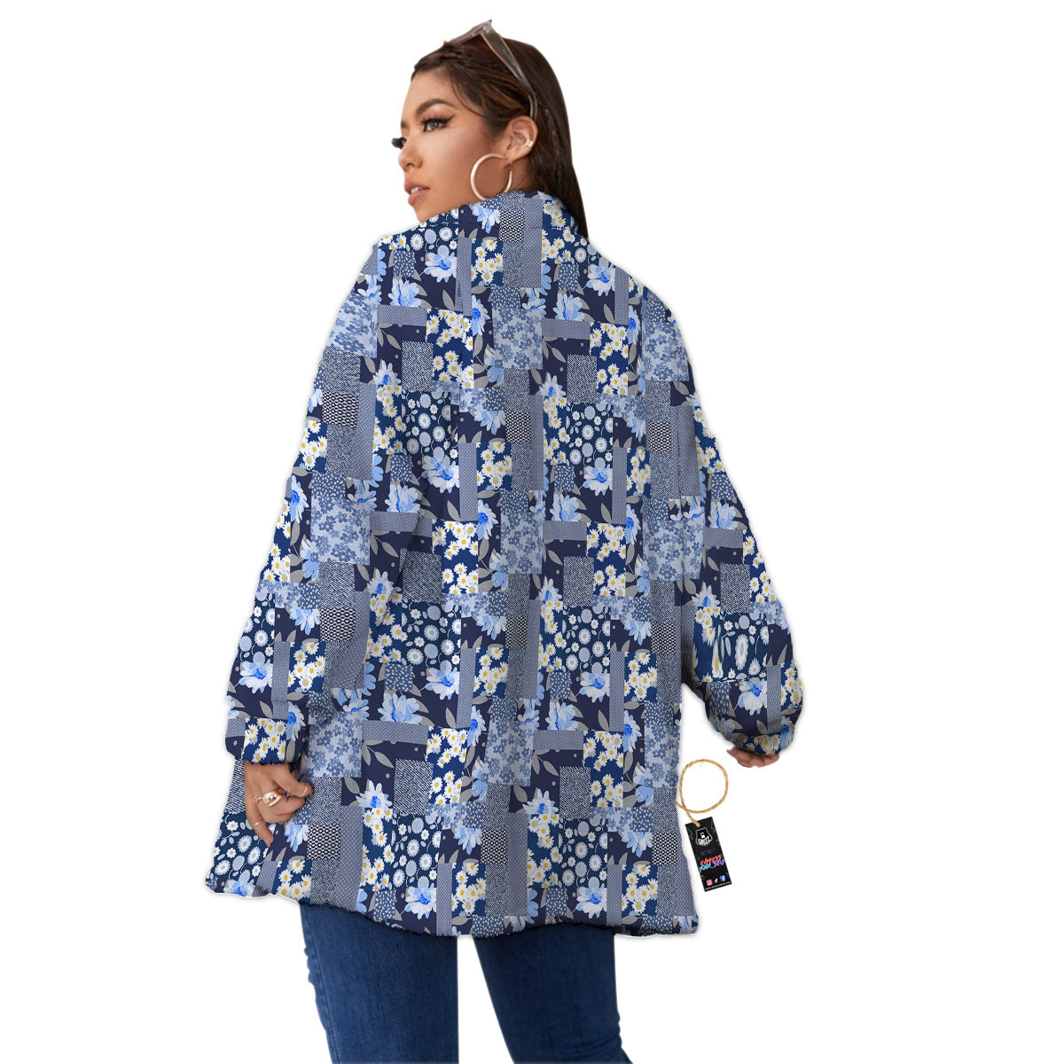 Patchwork Blue Floral Print Pattern Women's Sherpa Jacket-grizzshop