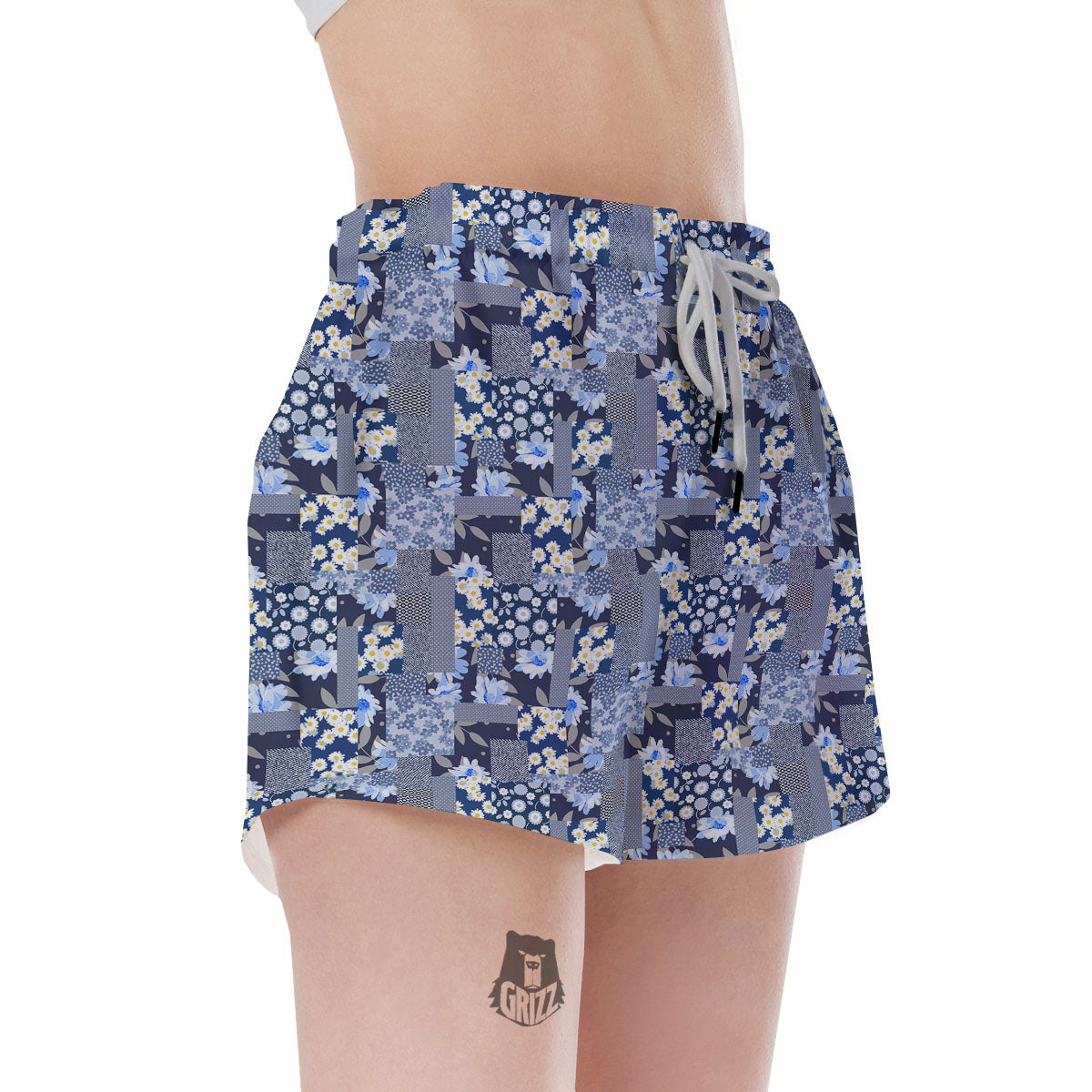 Patchwork Blue Floral Print Pattern Women's Shorts-grizzshop