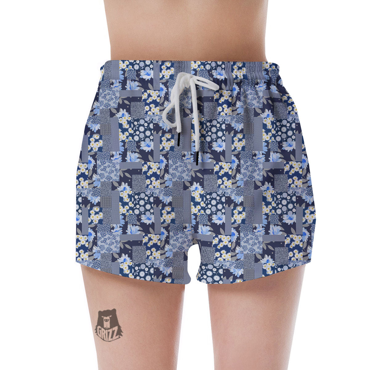 Patchwork Blue Floral Print Pattern Women's Shorts-grizzshop