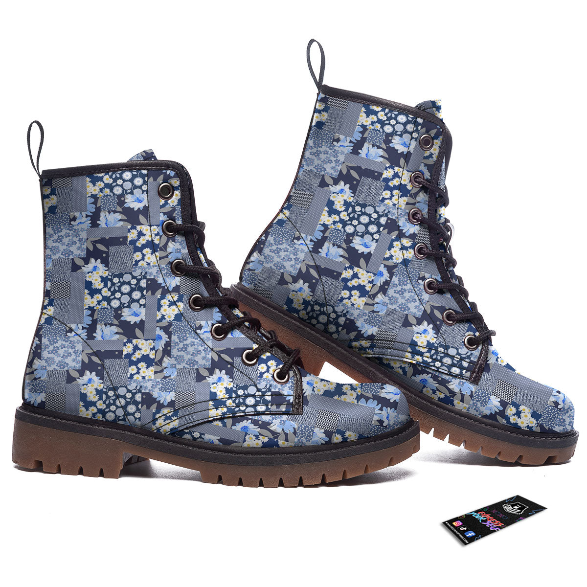 Patchwork Blue Floral Print Pattern Work Boots-grizzshop