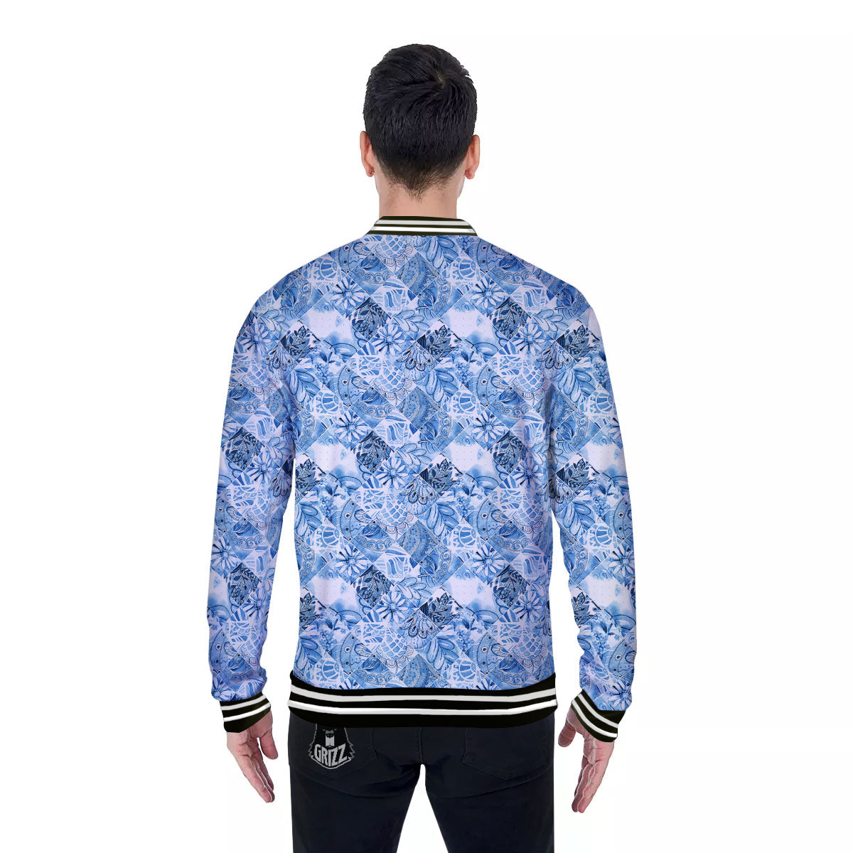 Patchwork Blue Flower Print Pattern Baseball Jacket-grizzshop