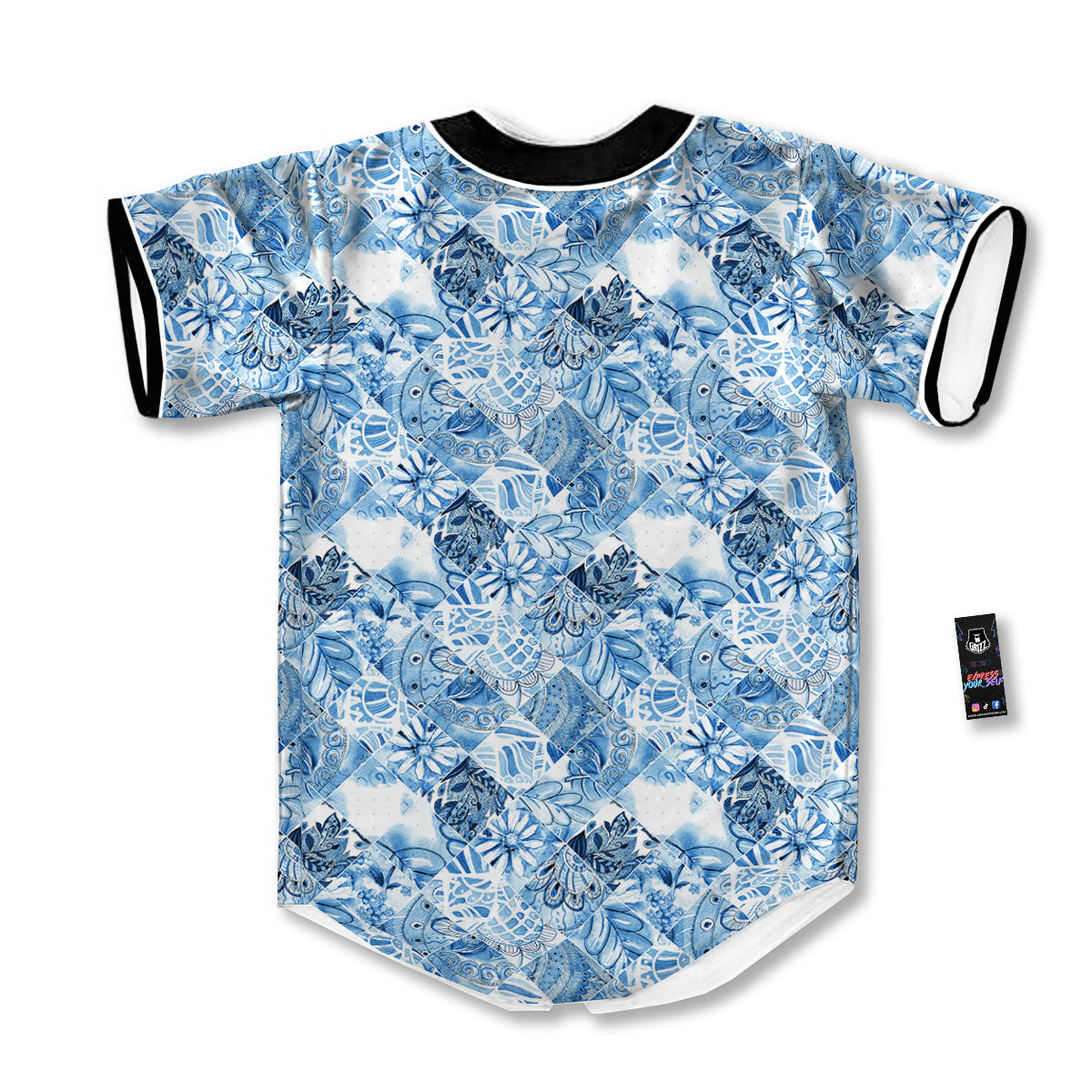 Patchwork Blue Flower Print Pattern Baseball Jersey-grizzshop