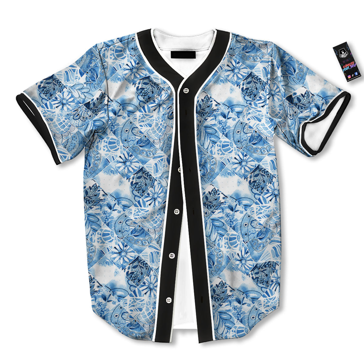 Patchwork Blue Flower Print Pattern Baseball Jersey-grizzshop