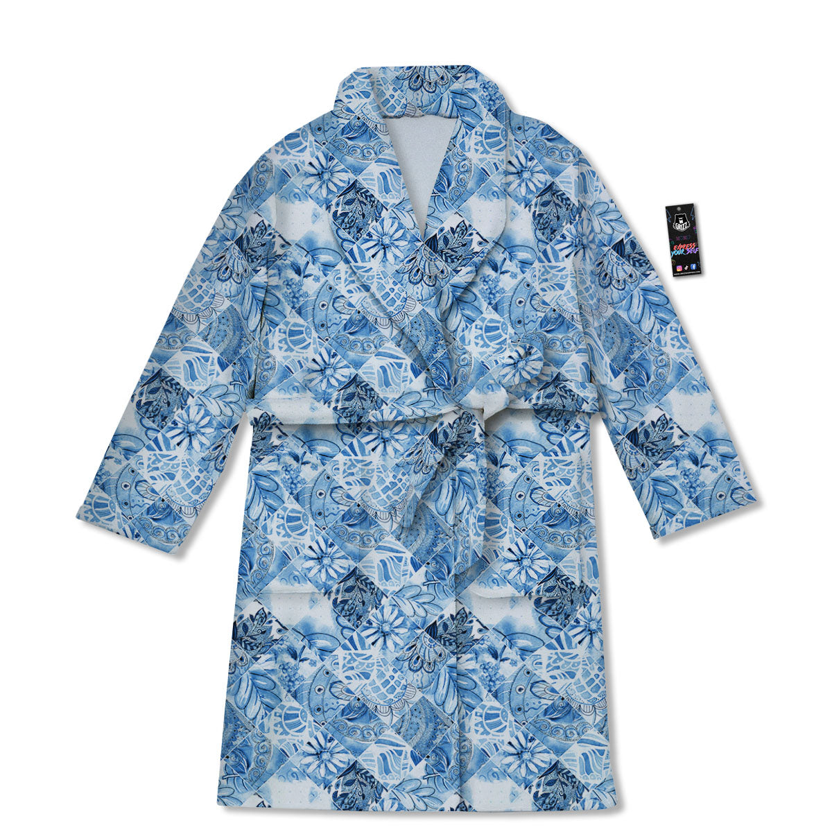 Patchwork Blue Flower Print Pattern Bathrobe-grizzshop