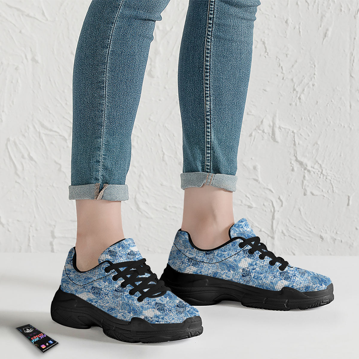 Patchwork Blue Flower Print Pattern Black Chunky Shoes-grizzshop