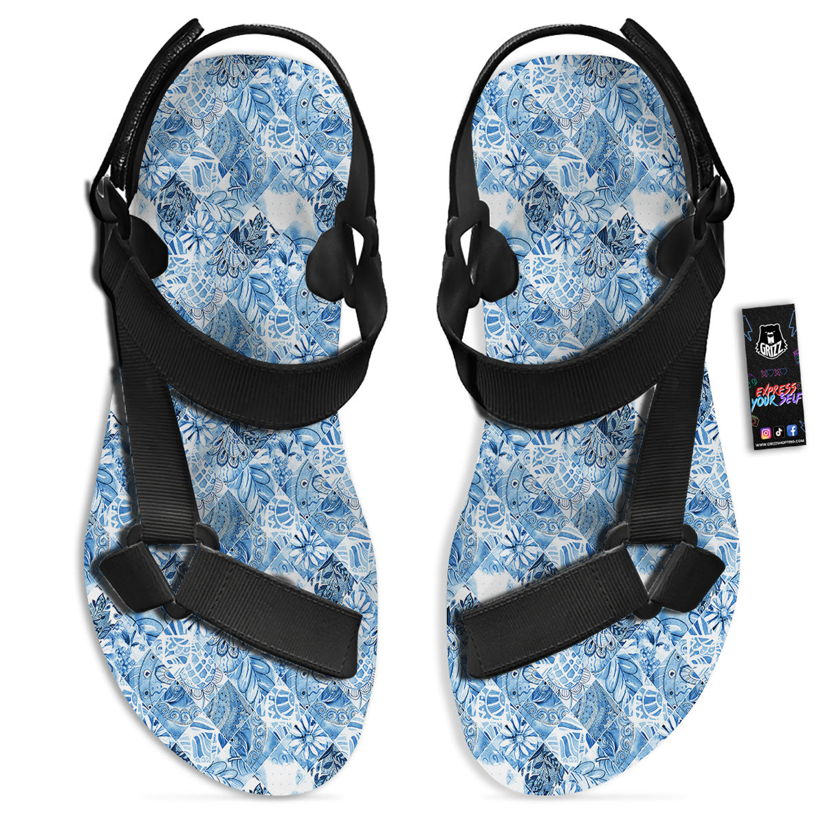 Patchwork Blue Flower Print Pattern Black Open Toe Sandals-grizzshop