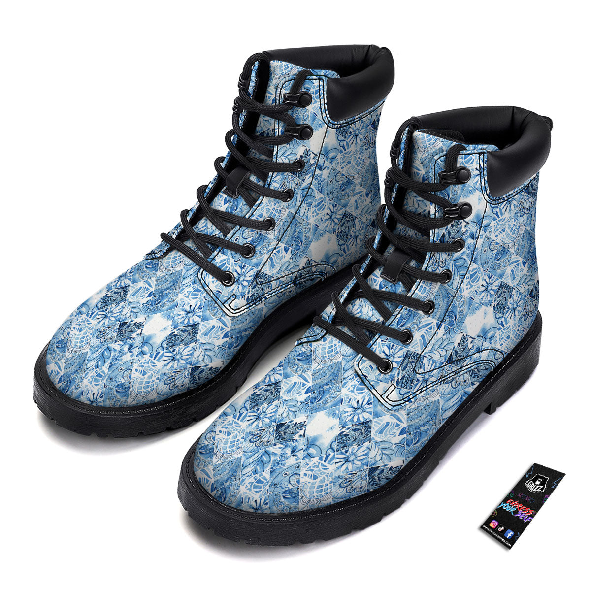 Patchwork Blue Flower Print Pattern Boots-grizzshop